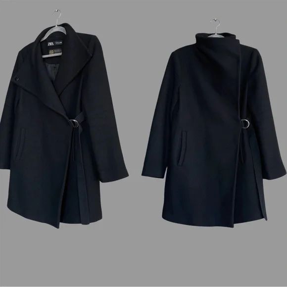 ZARA MANTECO Italian Luxury Wool Black Asymmetrical Belted Jacket Colins Coat M - Picture 4 of 16